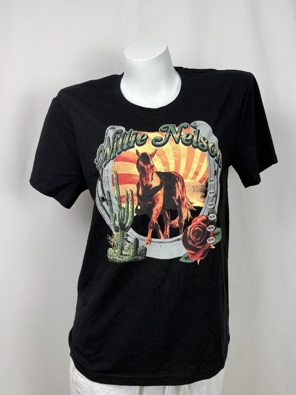 Willie Nelson Graphic Tee Shirt Horse Cactus Rose Black Cotton Blend M L XL